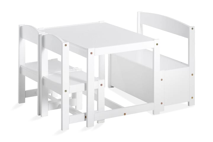 Mathilde Lastenpöytä penkillä ja 2 tuolia - Valkoinen - Sisustustuotteet - Lastenhuoneen sisustus - Leikkihuonekalut - Rakennusleikki - Leikkityökalut