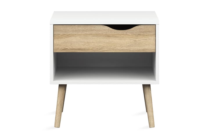 Yöpöytä Vasiliki 50 cm Säilytyksellä Laatikko+Hylly - Valkoinen/Tammenväri - Huonekalut - Pöytä & ruokailuryhmä - Apupöytä & sivupöytä - Yöpöytä