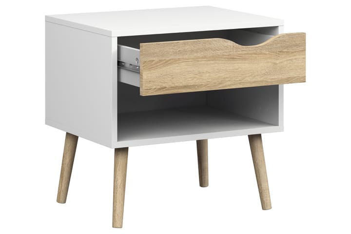 Yöpöytä Vasiliki 50 cm Säilytyksellä Laatikko+Hylly - Valkoinen/Tammenväri - Huonekalut - Pöydät & ruokailuryhmät - Apupöytä & sivupöytä - Yöpöytä