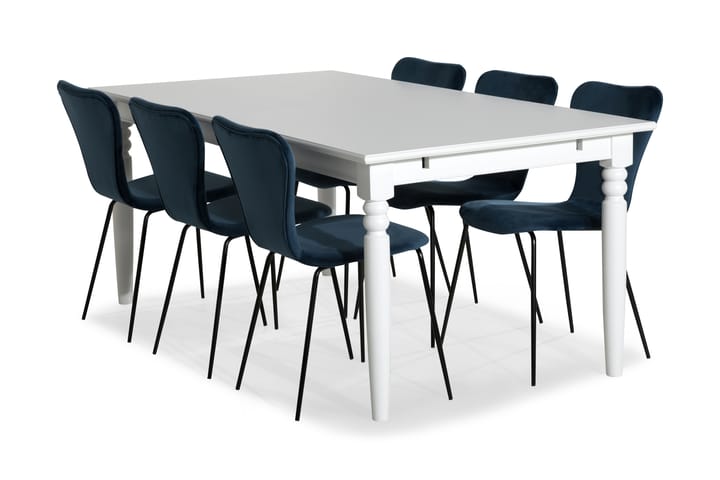 Ruokailuryhmä Hampton 190 cm 6 Miko tuolia Sametti - Valkoinen/Sininen - Huonekalut - Pöytä & ruokailuryhmä - Ruokailuryhmä