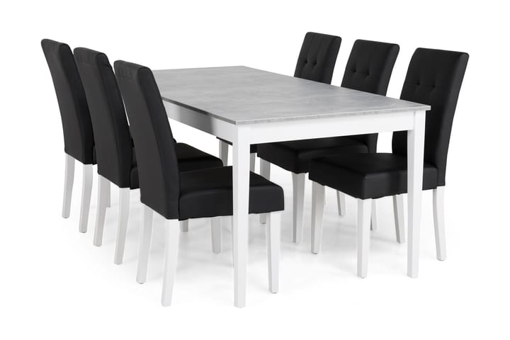 Ruokailuryhmä Montague 180 cm 6 Leo tuolia - Betoni/Valkoinen/Musta PU - Huonekalut - Pöytä & ruokailuryhmä - Ruokailuryhmä