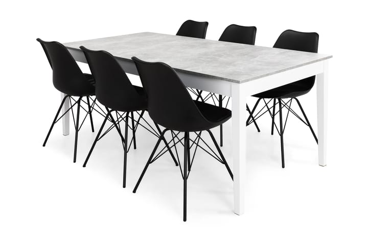 Ruokailuryhmä Montague 180 cm 6 Scale tuolia - Betoni/Valk/Musta PU/Musta - Kodintekstiilit - Vuodevaatteet
