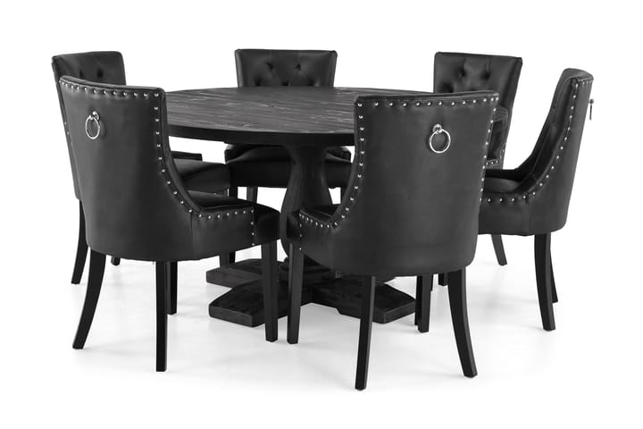 Ruokailuryhmä Suzon 150 cm Pyöreä 6 Hermione tuolia - Vintage puu/Musta - Huonekalut - Pöytä & ruokailuryhmä - Ruokailuryhmä