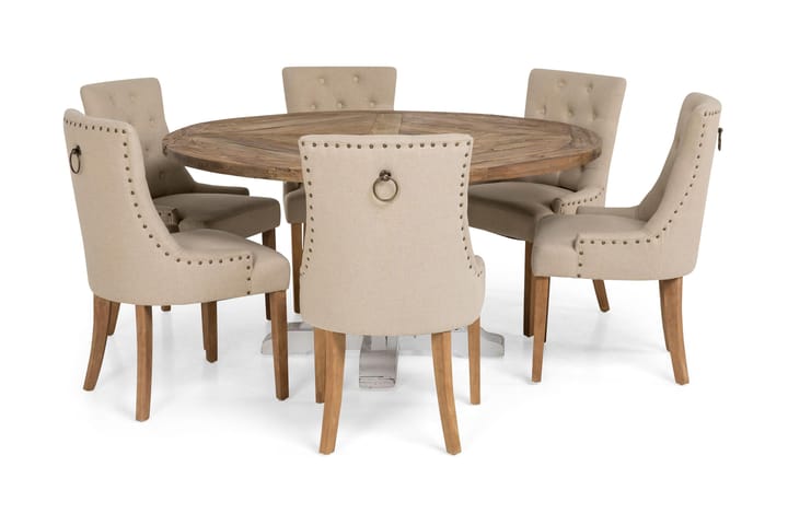 Ruokailuryhmä Yorkshire 150 cm Pyöreä 6 Ophelia tuolia - Vintage Luonnonväri/Valk/Beige - Huonekalut - Pöytä & ruokailuryhmä - Ruokailuryhmä