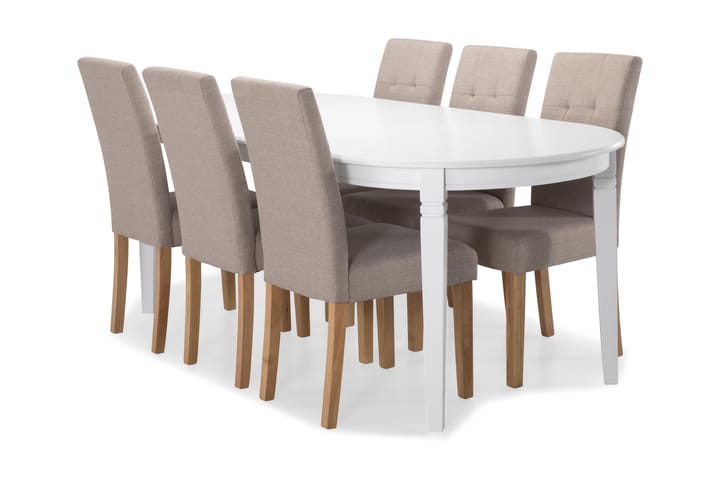 Ruokapöytä Lowisa 6 kpl Leo tuolia - Valkoinen/Beige/Tammi - Huonekalut - Pöydät & ruokailuryhmät - Ruokailuryhmä