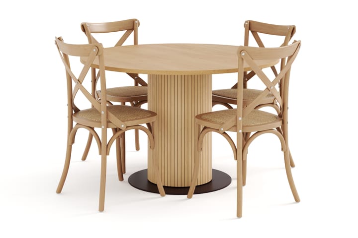 Ruokapöytä Neandir 120 cm Tammi Pyöreä 4 Prumerland tuolia - Ruskea - Huonekalut - Pöytä & ruokailuryhmä - Ruokailuryhmä