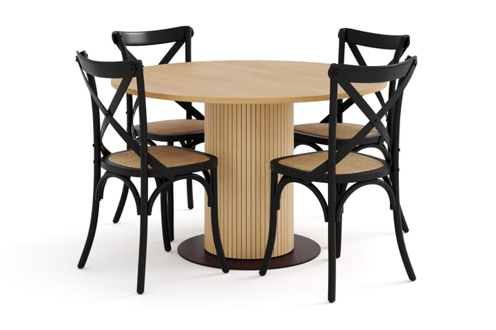 Ruokapöytä Neandir 120 cm Tammi Pyöreä 4 Prumerland tuolia - Ruskea - Huonekalut - Pöytä & ruokailuryhmä - Ruokailuryhmä