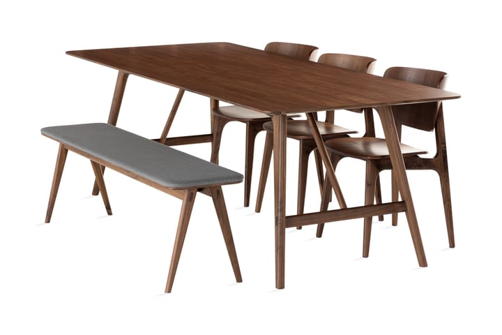 Ruokapöytä Skagana 220 cm sis 3 tuolia + penkki - Pähkinä/Ruskea/Harmaa - Huonekalut - Pöytä & ruokailuryhmä - Ruokailuryhmä