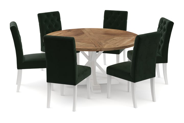 Ruokapöytä Yorkshire 150 cm Pyöreä 6 Emmie tuolia Sametti - Luonnonväri/Valkoinen - Huonekalut - Pöytä & ruokailuryhmä - Ruokailuryhmä
