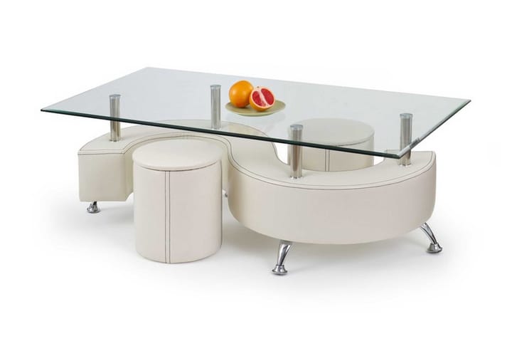 Sohvapöytä Giardina jakkaroilla 130 cm Säilytyksellä Hylly - Lasi/Valkoinen - Huonekalut - Pöytä & ruokailuryhmä - Sohvapöytä