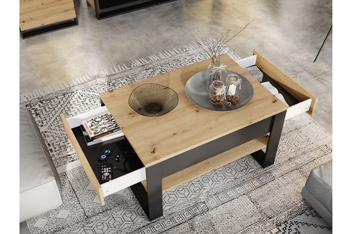Sohvapöytä Quant 100 cm Säilytyksellä 2 laatikkoa+Hylly - Tammenväri/Musta - Huonekalut - Pöytä & ruokailuryhmä - Sohvapöytä