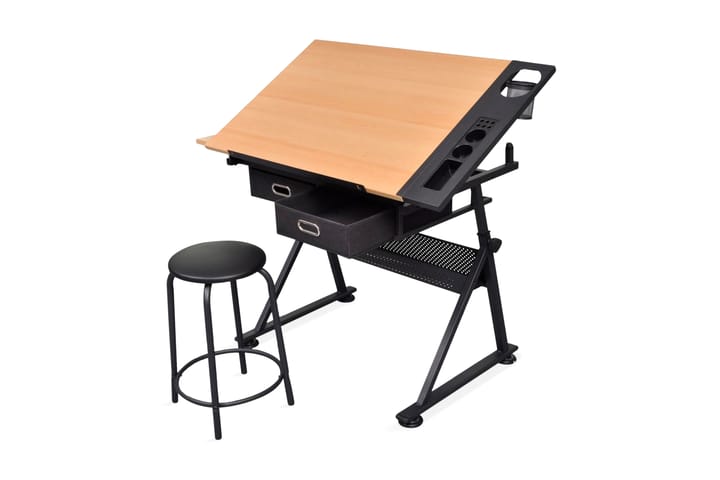 Kallistettava piirustuspöytä 2 laatikolla ja jakkaralla - Ruskea - Huonekalut - Pöydät - Kirjoituspöydät