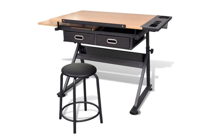 Kallistettava piirustuspöytä 2 laatikolla ja jakkaralla - Ruskea - Huonekalut - Pöydät & ruokailuryhmät - Työpöytä - Kirjoituspöytä