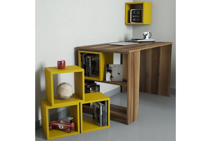Kirjoituspöytä Amtorp 120 cm Säilytyksellä Hylly+Seinähylly - Ruskea/Keltainen - Huonekalut - Pöydät & ruokailuryhmät - Työpöytä - Kirjoituspöytä