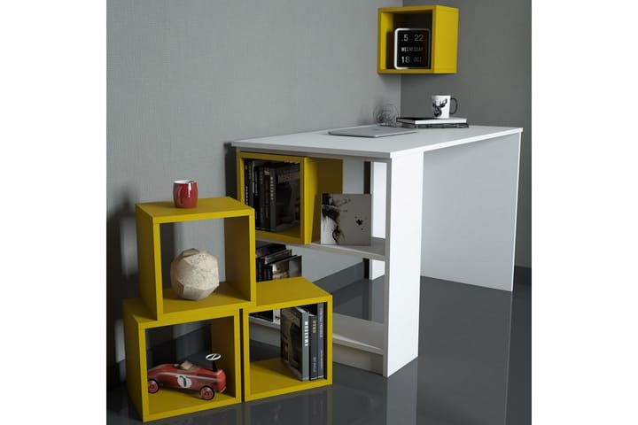 Kirjoituspöytä Amtorp 120 Säilytyksellä Hylly+Seinähylly - Valkoinen/Keltainen - Huonekalut - Pöydät & ruokailuryhmät - Työpöytä - Kirjoituspöytä