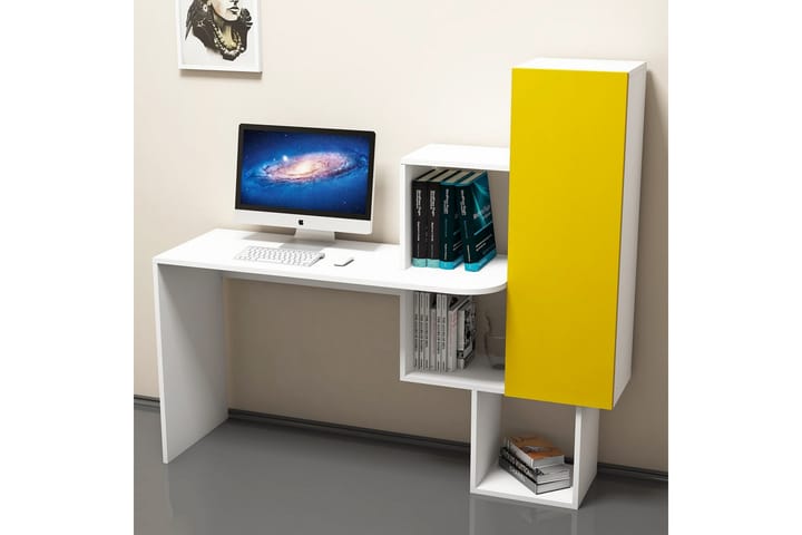 Kirjoituspöytä Amtorp 145 cm Säilytyksellä Hyllyt+kaappi - Valkoinen/Keltainen - Huonekalut - Pöytä & ruokailuryhmä - Työpöytä - Kirjoituspöytä