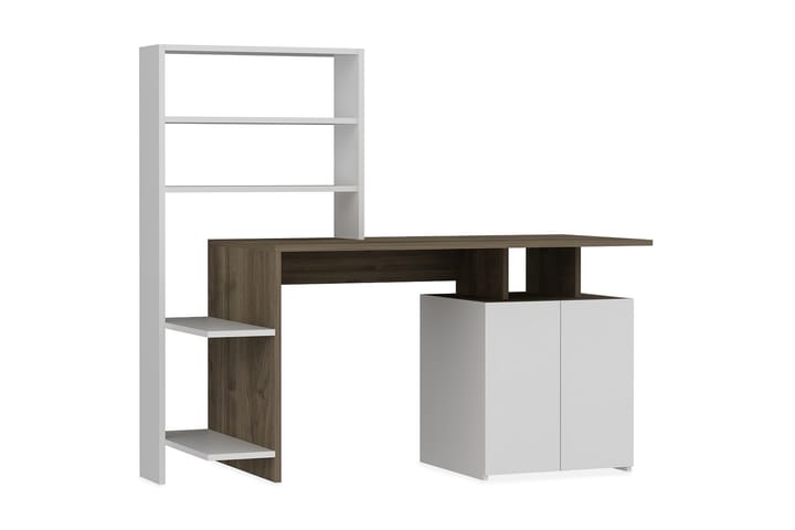 Kirjoituspöytä Waligora 146 cm Säilytyksellä Hyllyt+kaappi - Pähkinänruskea/Valkoinen - Huonekalut - Pöydät & ruokailuryhmät - Työpöytä - Kirjoituspöytä