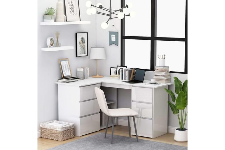 Kulmapöytä korkeakiilto valkoinen 145x100x76 cm lastulevy - Valkoinen - Huonekalut - Pöydät & ruokailuryhmät - Työpöytä - Kirjoituspöytä
