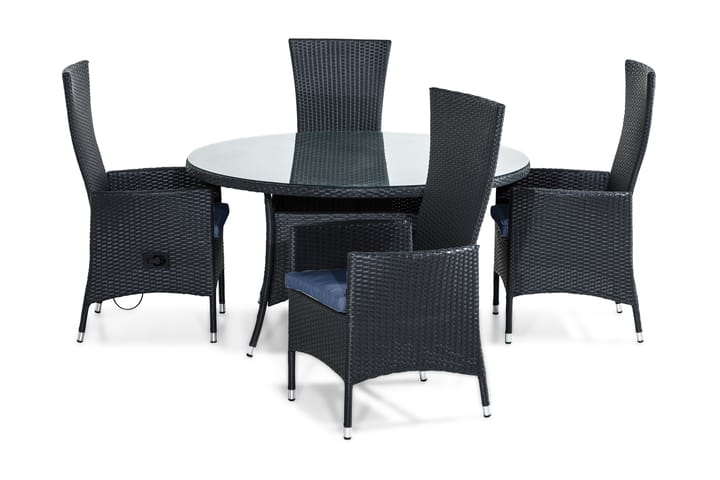 Ruokailuryhmä Thor 140 Pyöreä + 4 Jenny tuolia Pehmuste - Musta/Sininen - Puutarhakalusteet - Terassipöydät - Ruokapöytä terassille