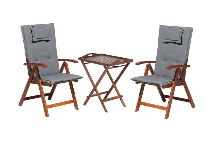 Parvekesetti Canneto 68 cm + 2 tuolia pehmusteilla - Puu / Luonnonväri / Harmaa - Puutarhakalusteet - Puutarhatuoli - Ulkotilan ruokatuoli