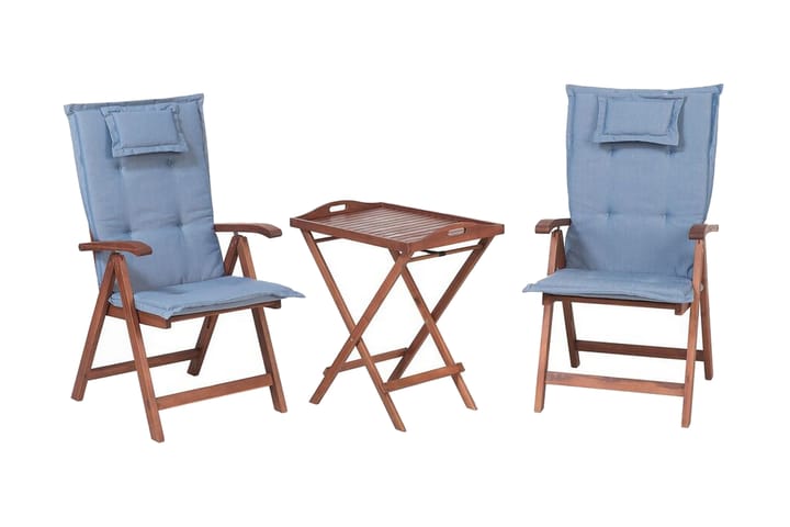 Parvekesetti Canneto 68 cm + 2 tuolia pehmusteilla - Puu/Luonnonväri/Sininen - Puutarhakalusteet - Puutarhatuoli - Ulkotilan ruokatuoli