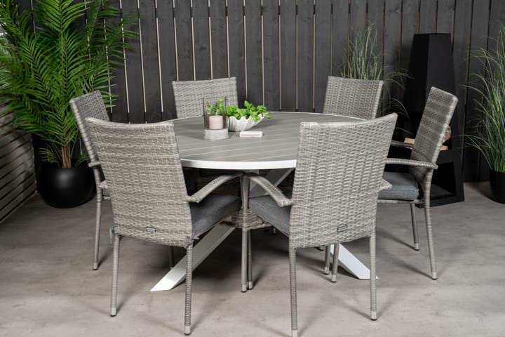 Mulilo Ruokapöytä ja 6 Ariamab nojatuolia - Aintwood/Valkoinen - Puutarhakalusteet - Terassipöydät - Ruokapöytä terassille