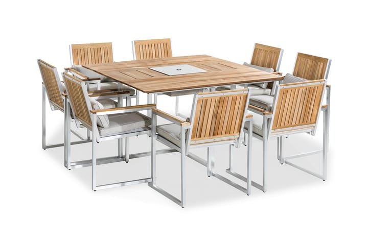 Ruokailuryhmä Båstad 140x140 + 8 tuolia - Tiikki/Harjattu alumiini - Puutarhakalusteet - Terassipöydät - Ruokapöytä terassille