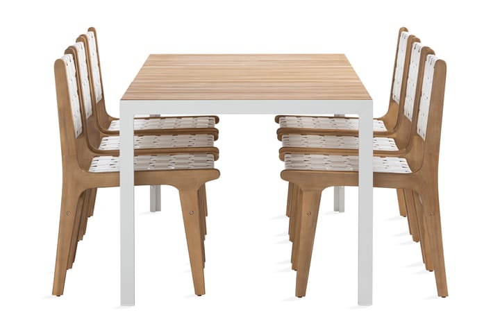 Ruokailuryhmä Barkar 200 cm 6 Panda tuolia - Akaasia/Valkoinen - Puutarhakalusteet - Ulkoryhmä - Cafe-ryhmä