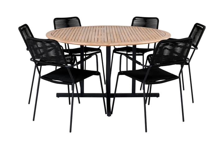 Ruokailuryhmä Crossiant Pyöreä 140 cm + 6 Hochanas tuolia - Musta/Akaasia/Latte - Puutarhakalusteet - Ulkoryhmä - Ruokailuryhmät ulos
