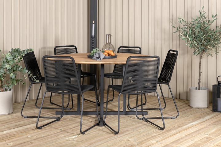 Ruokailuryhmä Crossiant Pyöreä 140 cm 6 Linero tuolia - Musta/Akaasia - Puutarhakalusteet - Ulkoryhmä - Cafe-ryhmä