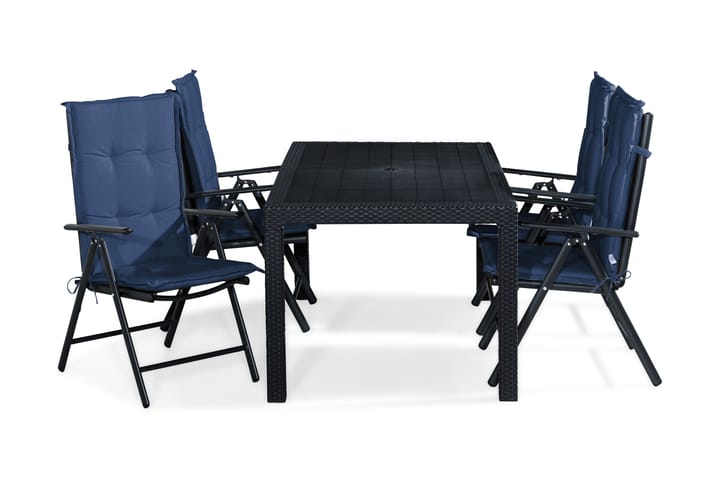 Ruokailuryhmä Melody 160x64 + 4 Maggie tuolia Pehmuste - Musta/Sininen - Puutarhakalusteet - Ulkoryhmä - Ruokailuryhmät ulos