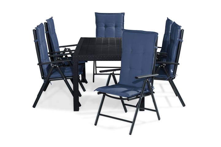 Ruokailuryhmä Melody 160x64 + 6 Maggie tuolia Pehmuste - Musta/Sininen - Puutarhakalusteet - Ulkoryhmä - Ruokailuryhmät ulos