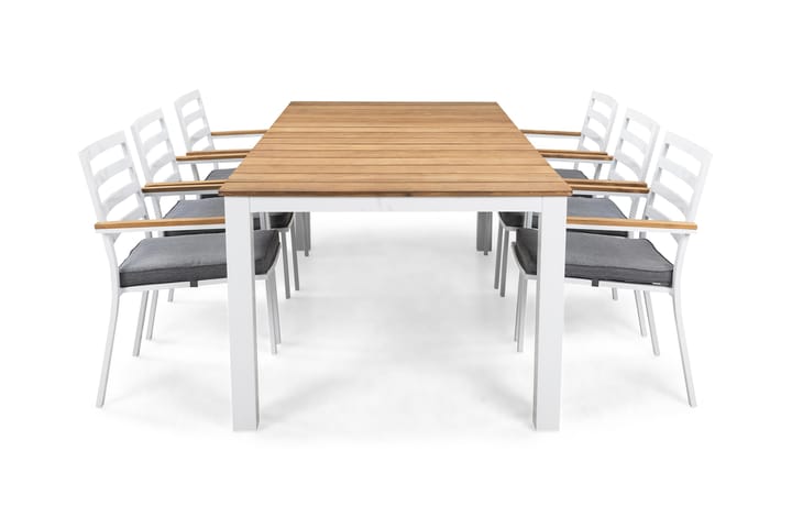 Ruokailuryhmä Olive 210x100 + 6 tuolia pehmuste - Tiikki/Valkoinen/Harmaa - Puutarhakalusteet - Ulkotilan ruokailuryhmät - Ruokailuryhmät ulos