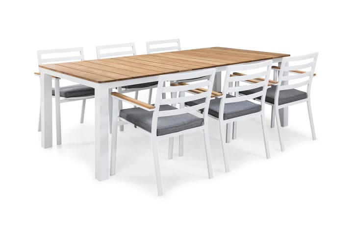 Ruokailuryhmä Olive 210x100 + 6 tuolia pehmuste - Tiikki/Valkoinen/Harmaa - Puutarhakalusteet - Ulkoryhmä - Ruokailuryhmät ulos
