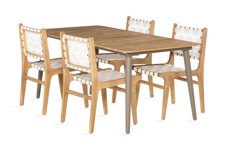 Ruokailuryhmä Panda 180x90 + 4 tuolia - Akaasia/Valkoinen - Puutarhakalusteet - Tuolit & nojatuolit - Ulkotilan ruokatuoli