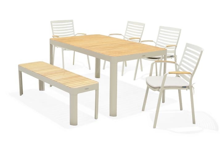Ruokailuryhmä Portals 161 cm + 4 tuolia + penkki - Valkoinen / Puu - Puutarhakalusteet - Ulkoryhmä - Cafe-ryhmä