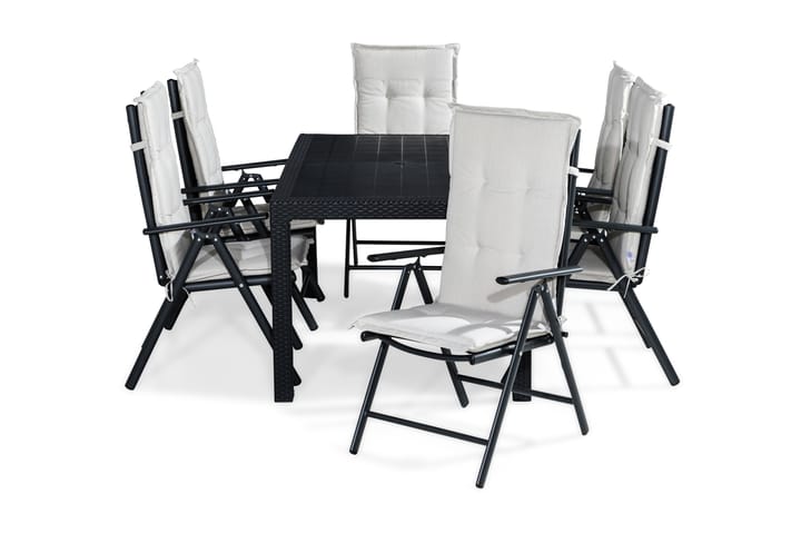 Ruokailuryhmä Melody 160x64 + 6 Maggie tuolia Pehmuste - Musta/Valkoinen - Puutarhakalusteet - Ulkotilan ruokailuryhmät - Ruokailuryhmät ulos