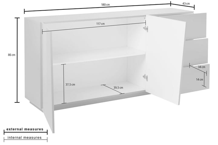 Senkki Vegara 180 cm 2 ovea + 3 laatikkoa - Valkoinen Korkeakiilto - Säilytys - Säilytyskalusteet - Senkki