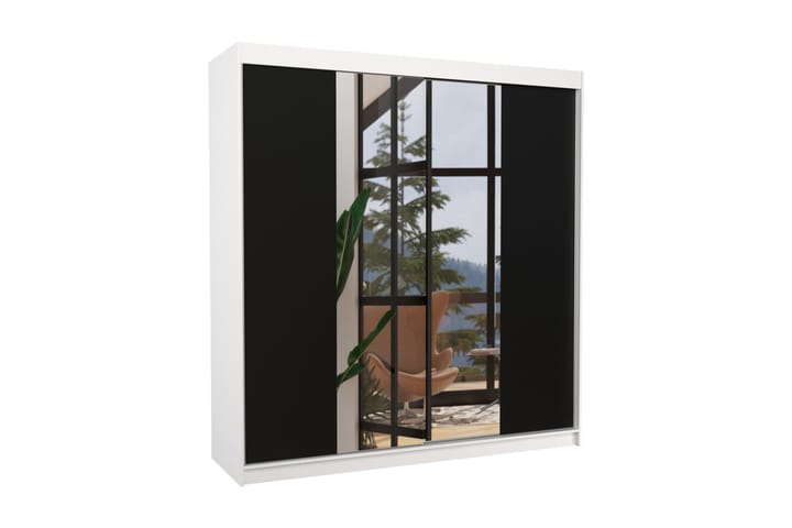 Vaatekaappi peilillä Perquin 200x215 cm - Valkoinen/Musta - Säilytys - Vaatesäilytys - Vaatekaappi