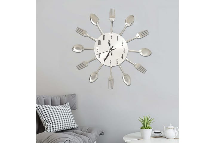 325162 Wall Clock with Spoon and Fork Design Silver 31 cm Al - Hopea - Sisustustuotteet - Seinäkoristeet - Kellot