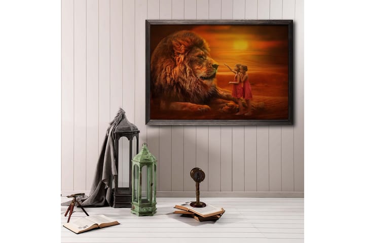 Girls Looking At Lion Kuva Orange - 70x50 cm - Sisustustuotteet - Taulu & taide - Juliste - Valokuva juliste