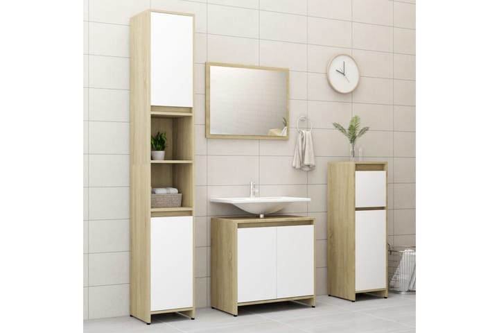 3-osainen kylpyhuoneen kalustesarja valk./Sonoma-tammi levy - Beige - Talo & remontointi - Keittiö & kylpyhuone - Kylpyhuone - Kylpyhuonekalusteet - Kylpyhuonekalustepaketit