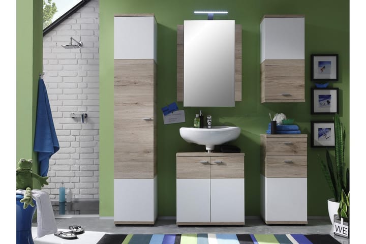 Kalustepaketti Bartley XXL 5 osaa Valkoinen/tammi - Peilikaapilla - Talo & remontointi - Keittiö & kylpyhuone - Kylpyhuone - Kylpyhuonekalusteet - Kylpyhuonekalustepaketit